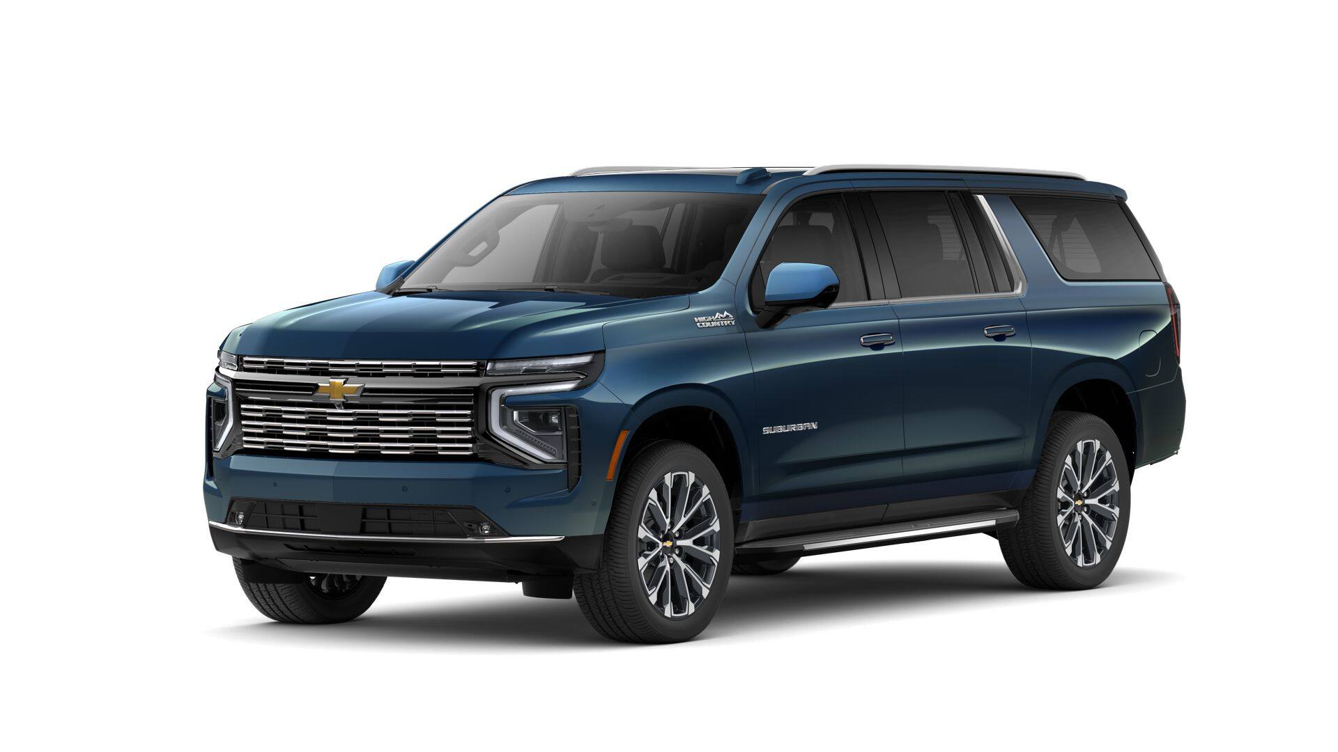 2026 Chevrolet Suburban High Country in Lakeshore Blue Metallic — front three-quarter view
