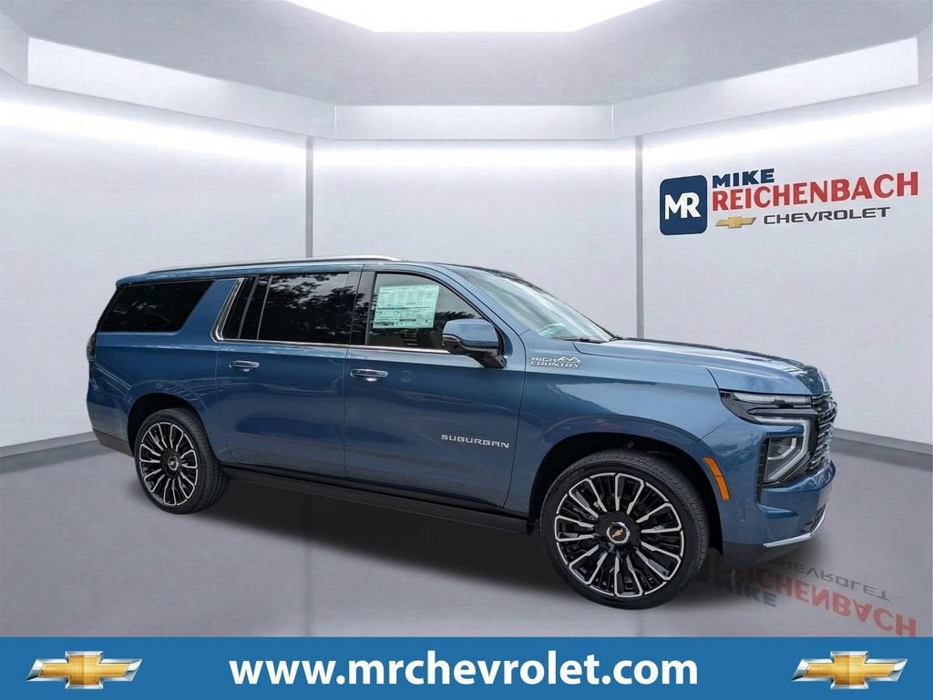 2026 Chevrolet Suburban High Country in Lakeshore Blue Metallic — front three-quarter view